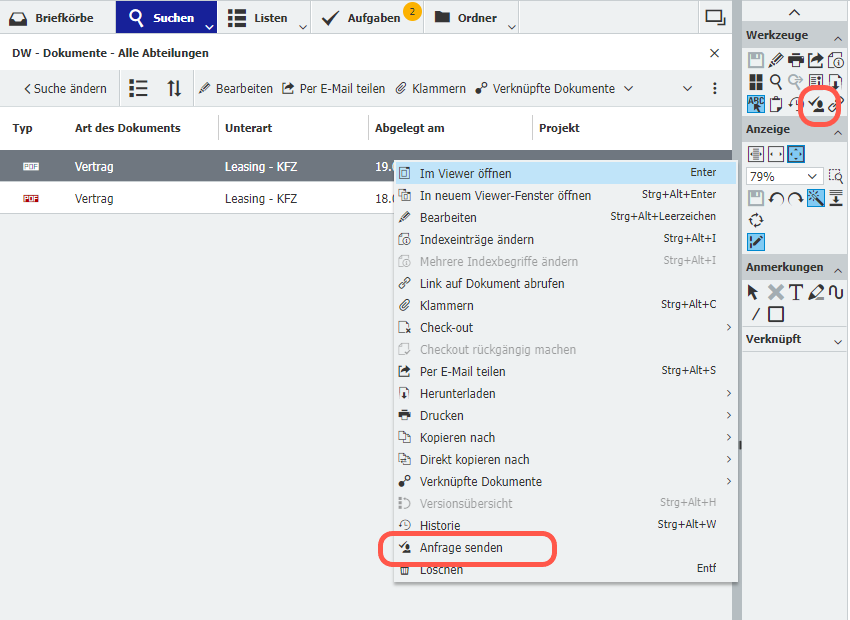 Anfrage senden im Kontextmenü aufrufen